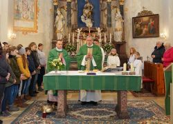 In der Kirche von Stift Reichersberg feiern Gläubige mit einem Priester in grüner Stola einen besonderen Gottesdienst.